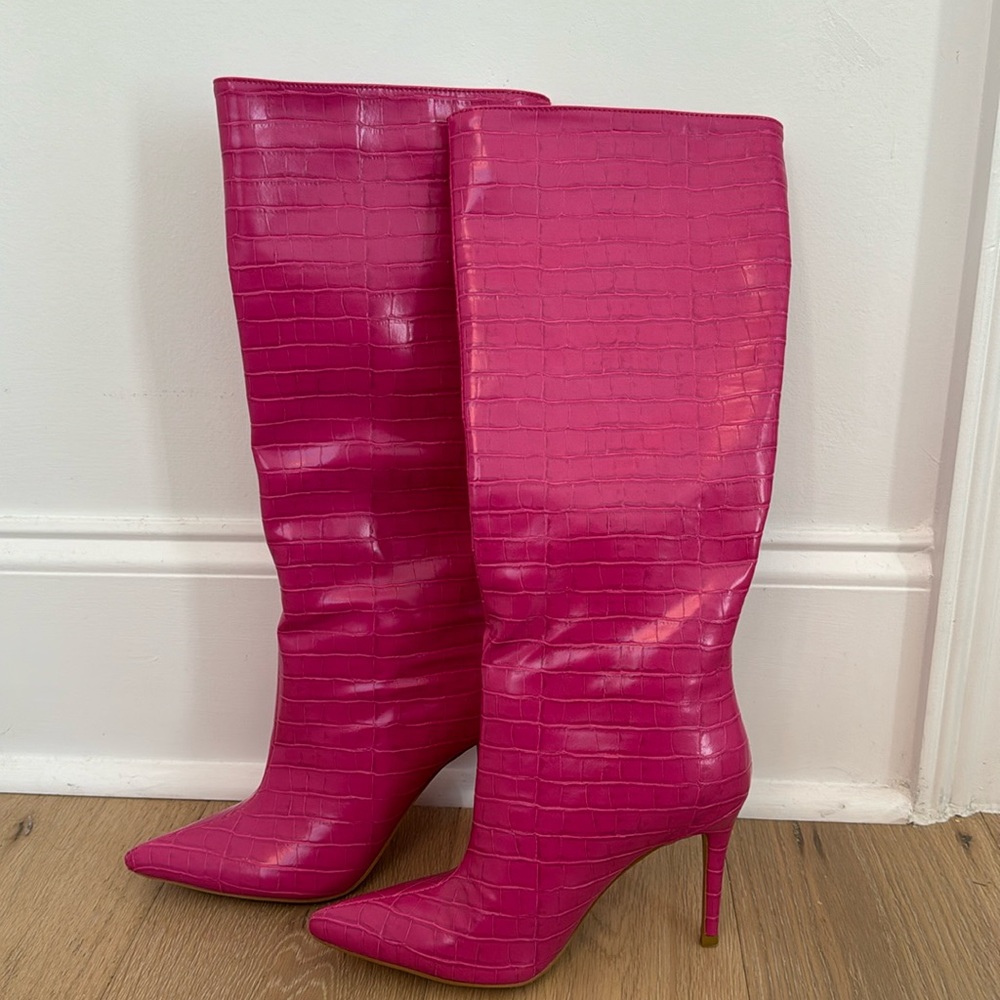 Pretty Little Thing Faux Croc/Leather Knee High Boot Hot Pink Size 3 or 36